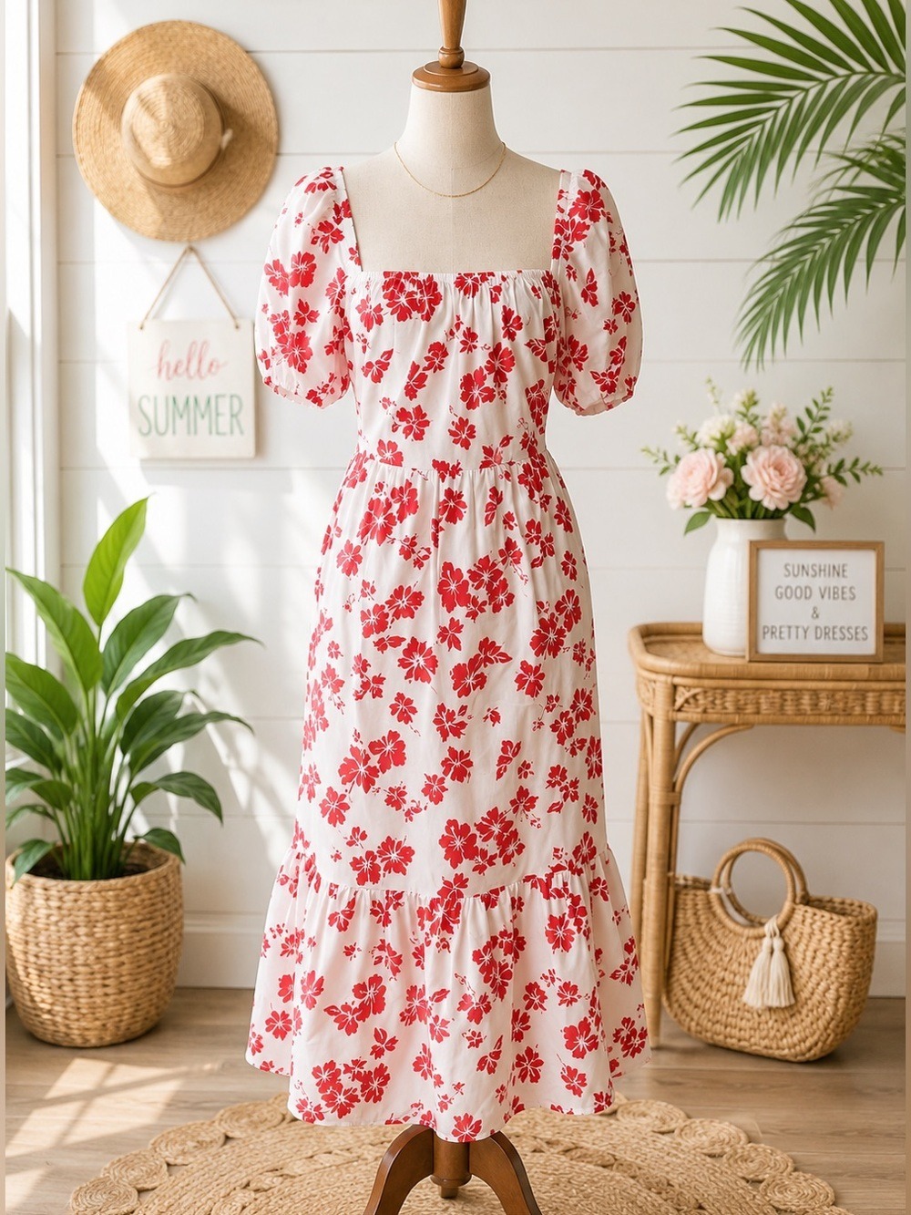 Red Floral Puff Sleeve Midi Dress White Cotton Cottagecore Feminine Chic | 12